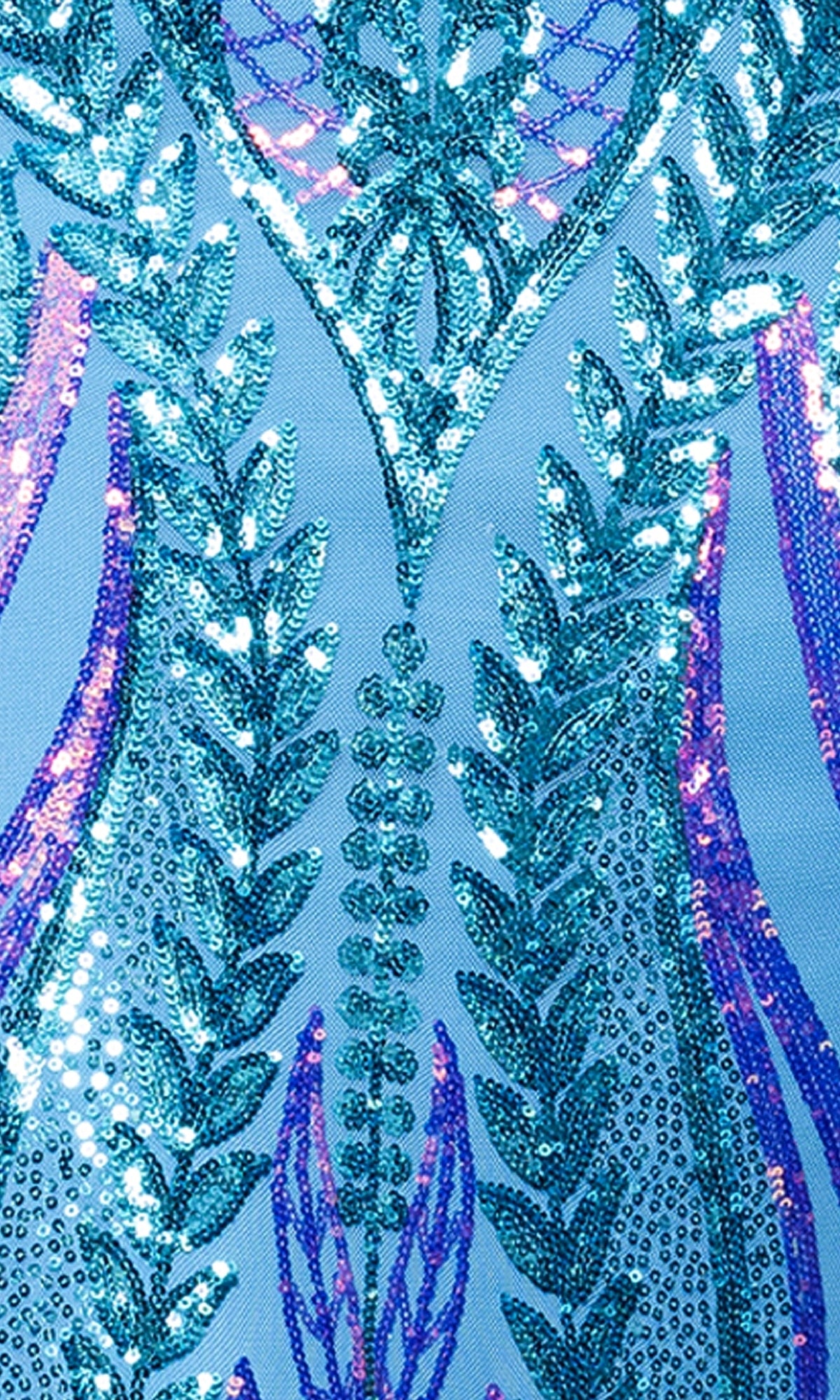 Close-up of blue fabric on the Long Sequin-Print Prom Dress: Blondie Nites 5358BN, featuring intricate sparkly embroidery in leaf and floral patterns with purple and silver accents. Available in junior sizes—ideal for your next evening gown look.
